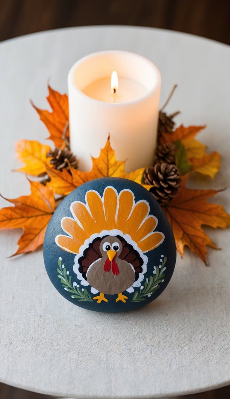 A round table adorned with a turkey rock centerpiece surrounded by autumn leaves and lit candles