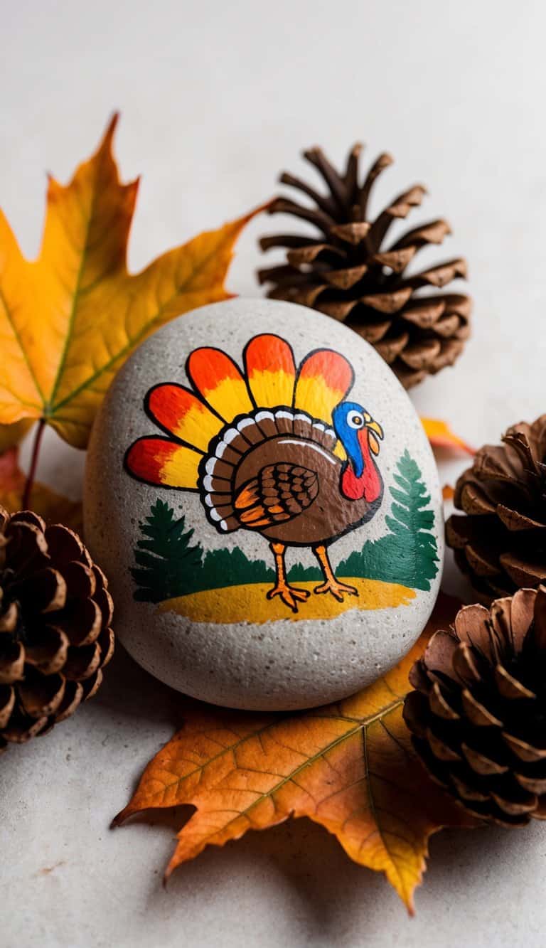 A colorful turkey painted rock nestled among autumn leaves and pinecones