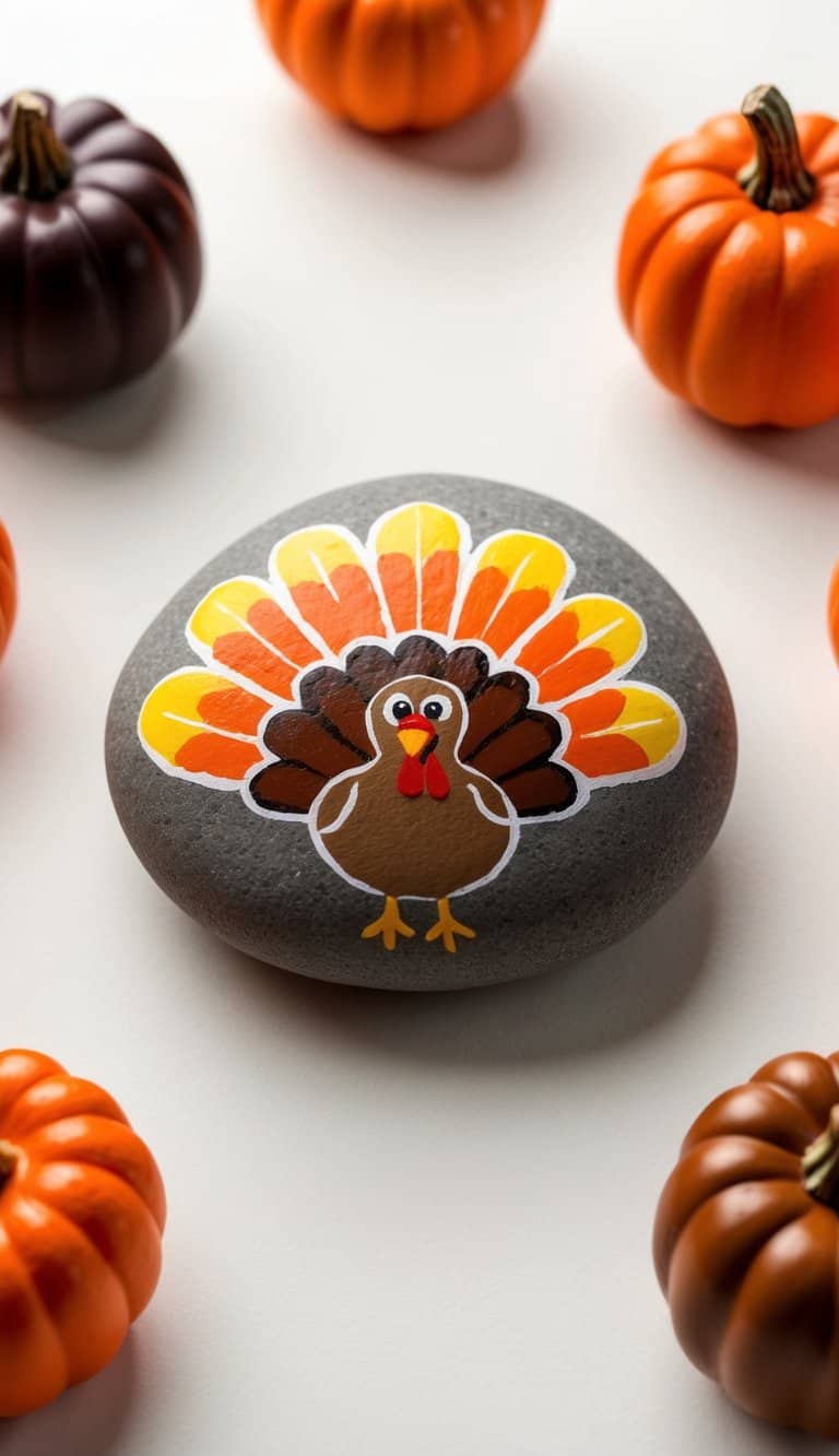 Turkey and pumpkin rocks arranged in a colorful display, celebrating Thanksgiving