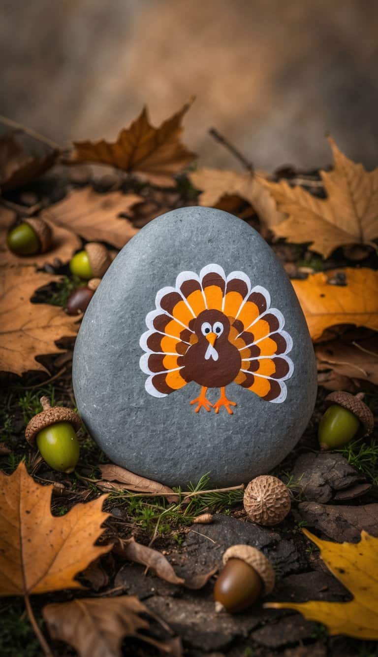A turkey rock sits in a forest clearing, surrounded by fallen leaves and acorns, with a backdrop of earthy tones and natural textures