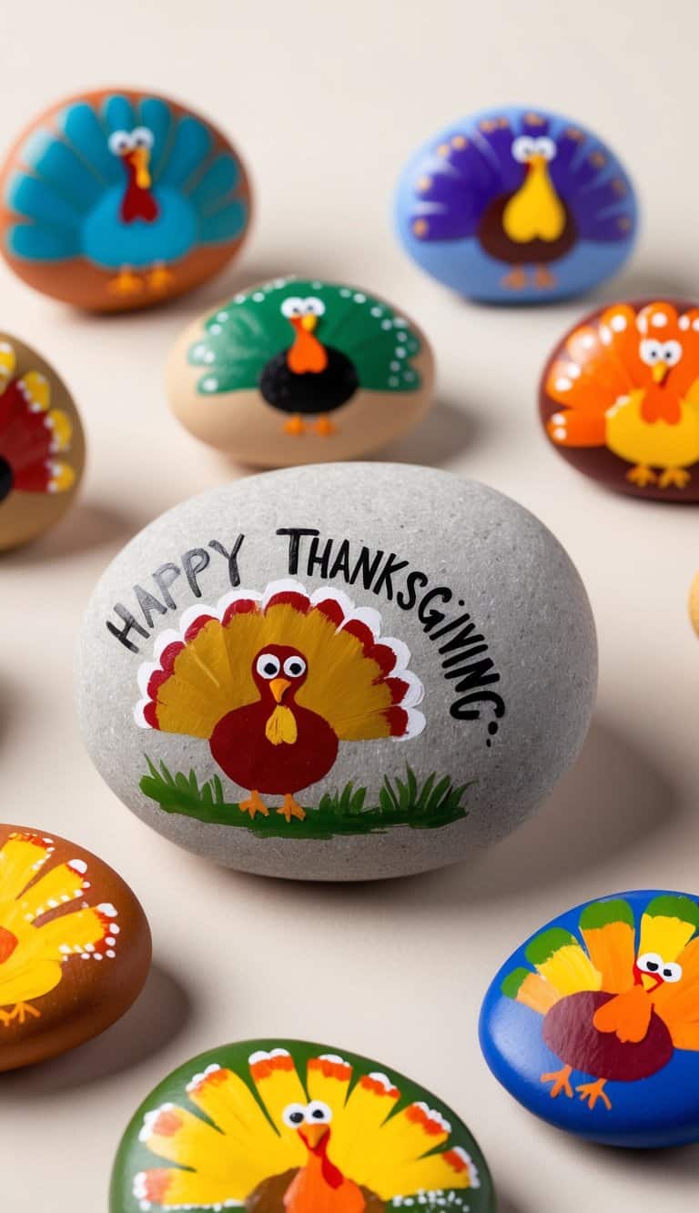 A group of colorful turkey painted rocks arranged in a festive display, with Thanksgiving quotes incorporated into the designs