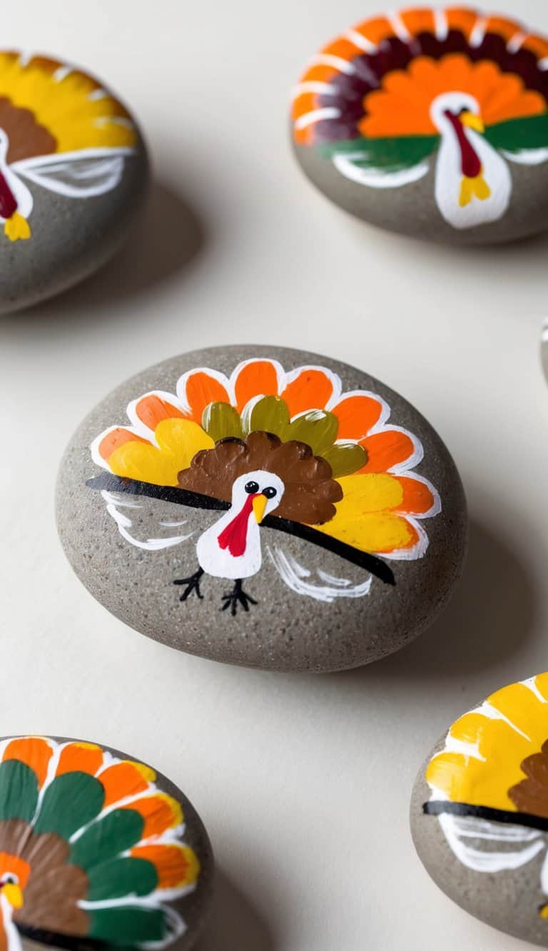 A collection of turkey rocks adorned with hand-painted food items, symbolizing Thanksgiving celebration