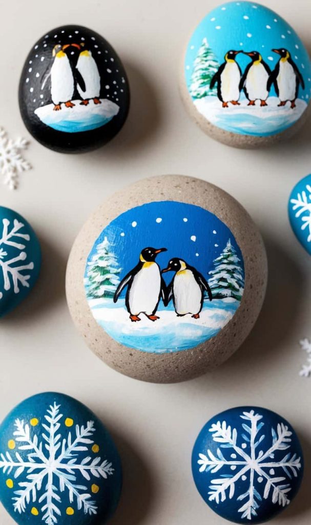 Several smooth stones are painted with winter scenes: penguins on snowy backgrounds and white snowflakes on blue backgrounds, arranged on a white surface.
