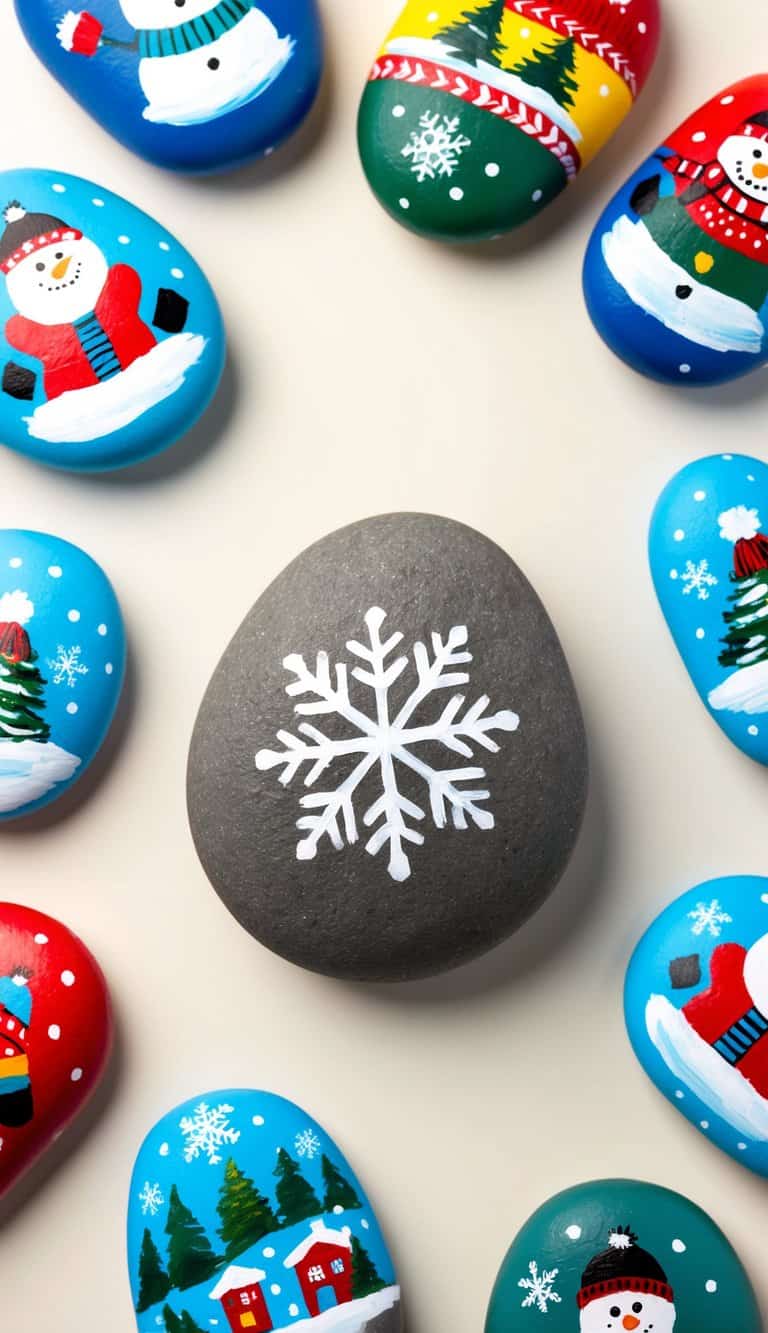 Snowflakes falling on colorful winter mittens surrounded by painted rocks with winter scenes