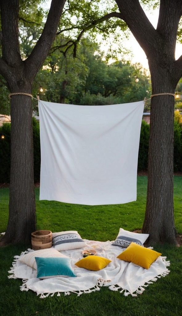 A white sheet is hung between two trees in a backyard. Below, cushions and a picnic blanket are arranged on the grass, with a wicker basket nearby.