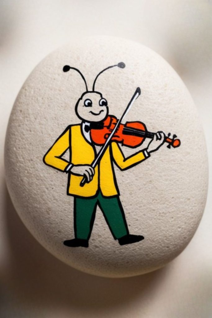 A cartoon ant wearing a yellow jacket and green pants plays a violin, painted on a smooth, light-colored stone.