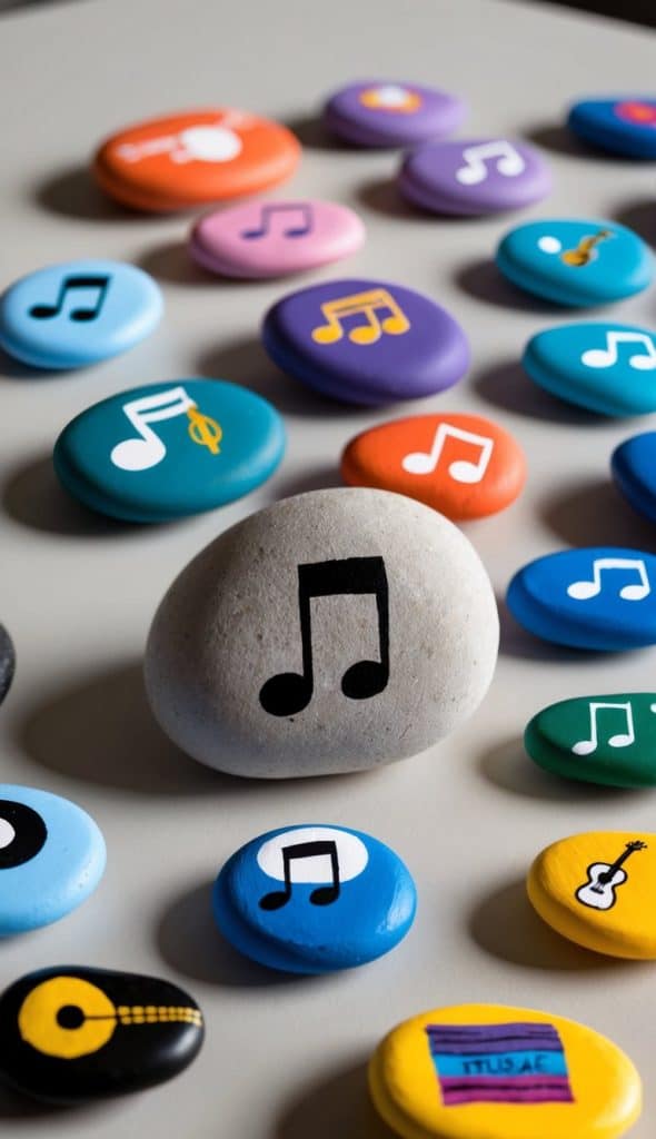 A collection of colorful stones, each painted with music notes and instruments, arranged on a light surface.
