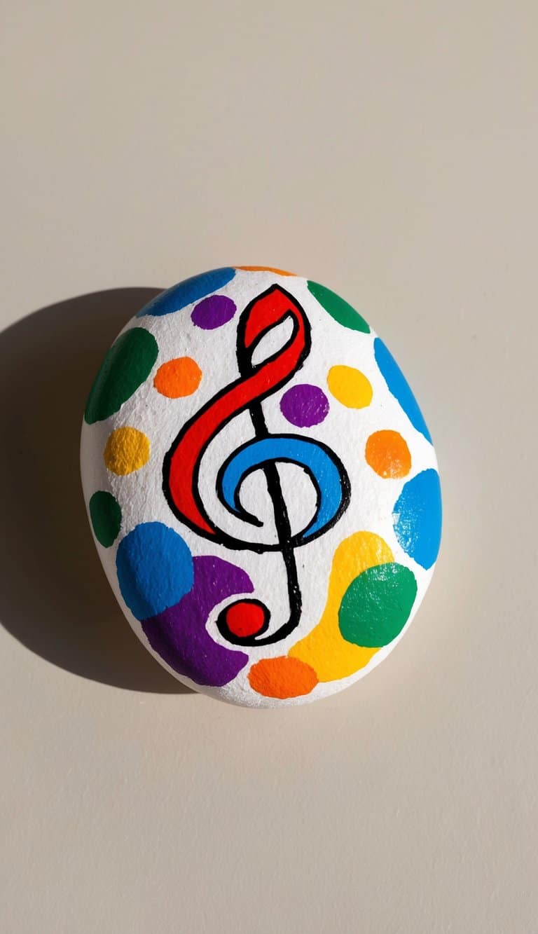 A round white rock painted with colorful dots and a large red and black treble clef symbol in the center.