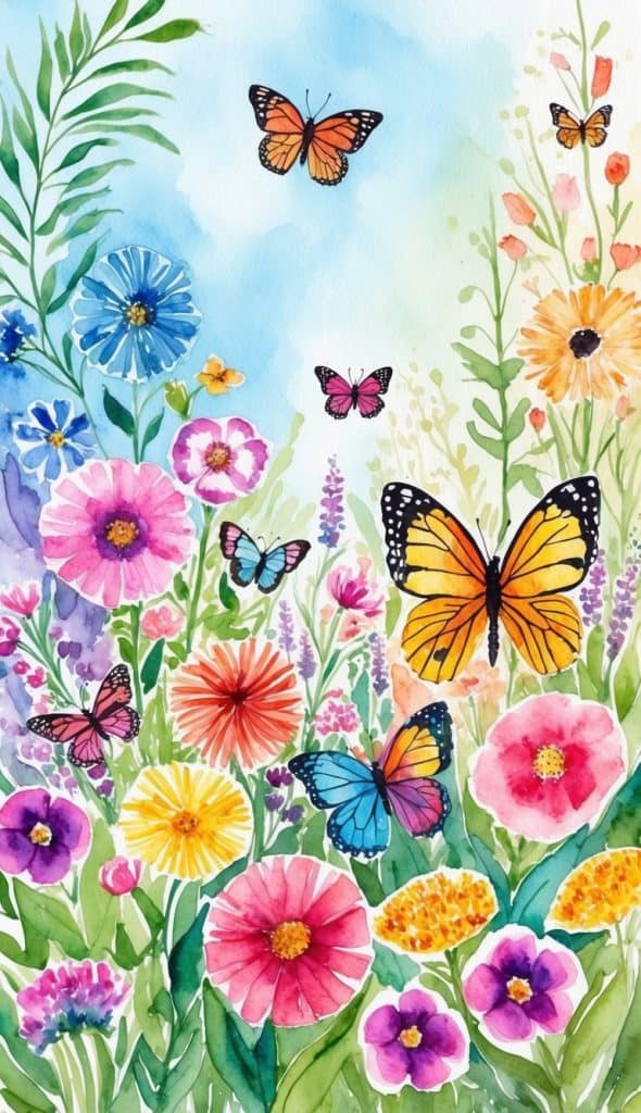 Watercolor illustration of colorful butterflies flying above vibrant flowers and green foliage under a blue sky.