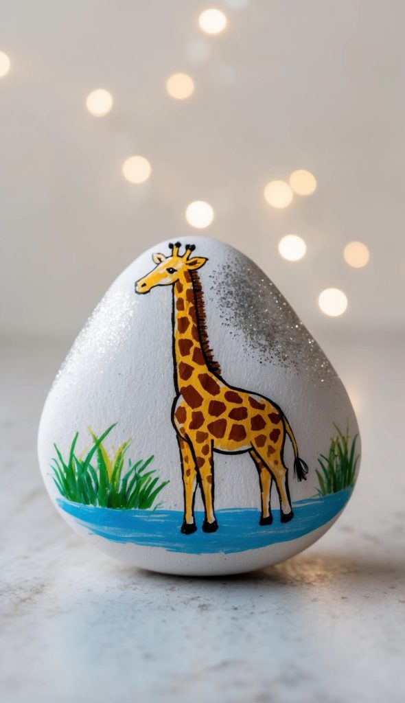 A smooth white stone painted with a giraffe standing near grass and water, with glitter accents and a blurred light background.