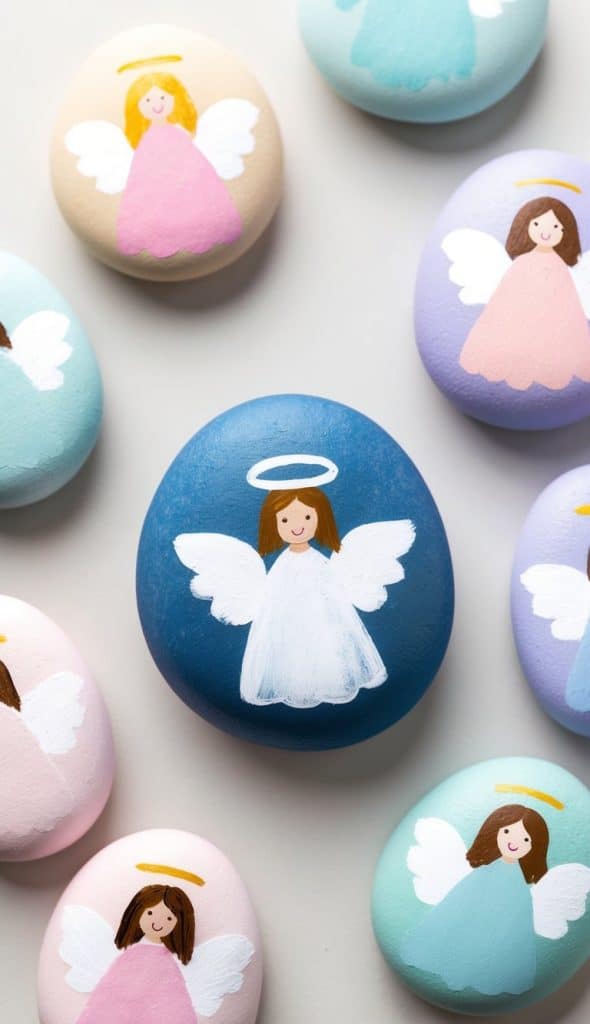 Painted rocks featuring angel illustrations with halos, wings, and dresses in various pastel colors are arranged on a light surface.