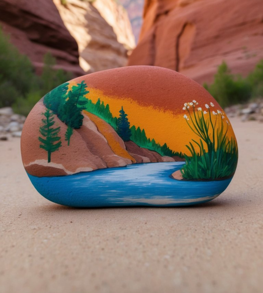 A smooth rock painted with a landscape scene of a river, trees, grasses, and an orange sky, placed on a sandy ground in a canyon.