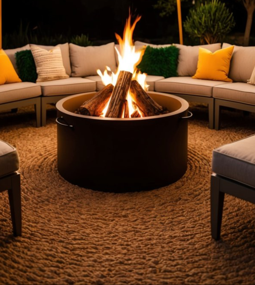 Circular seating arrangement with gray cushions and yellow pillows surrounds a central fire pit on a textured rug in an outdoor setting.