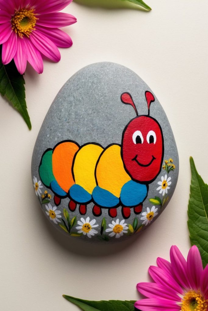 A painted rock features a colorful caterpillar with a smiling face, surrounded by white daisies and pink flowers on a light background.