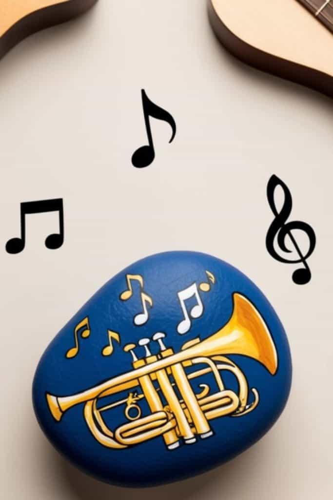 A painted rock with a trumpet illustration is surrounded by musical notes, with parts of two musical instruments visible at the edges.