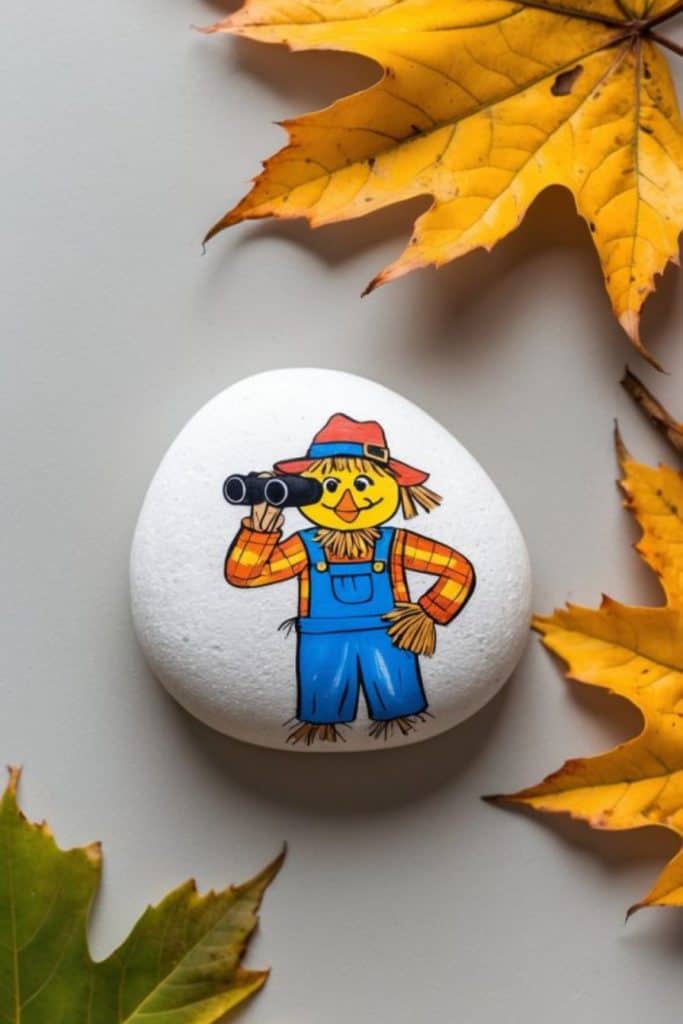 A white stone painted with a scarecrow in overalls and a red hat holding binoculars, surrounded by yellow autumn leaves.