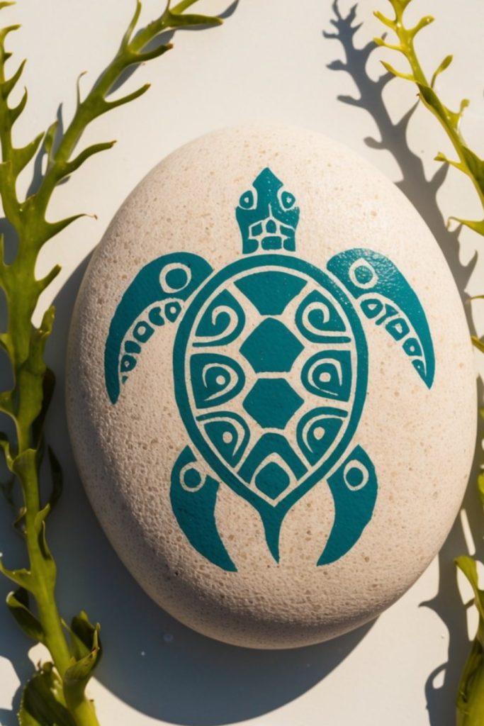 A stone decorated with a stylized turtle design in teal, surrounded by green seaweed on a light background.