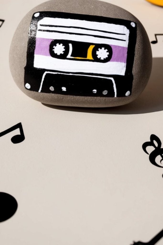 A smooth stone painted with a cassette tape design rests on a surface decorated with black musical notes.