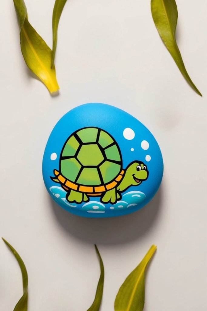 Blue object with a cartoon turtle design in the center, surrounded by scattered yellow and green leaves on a white background.