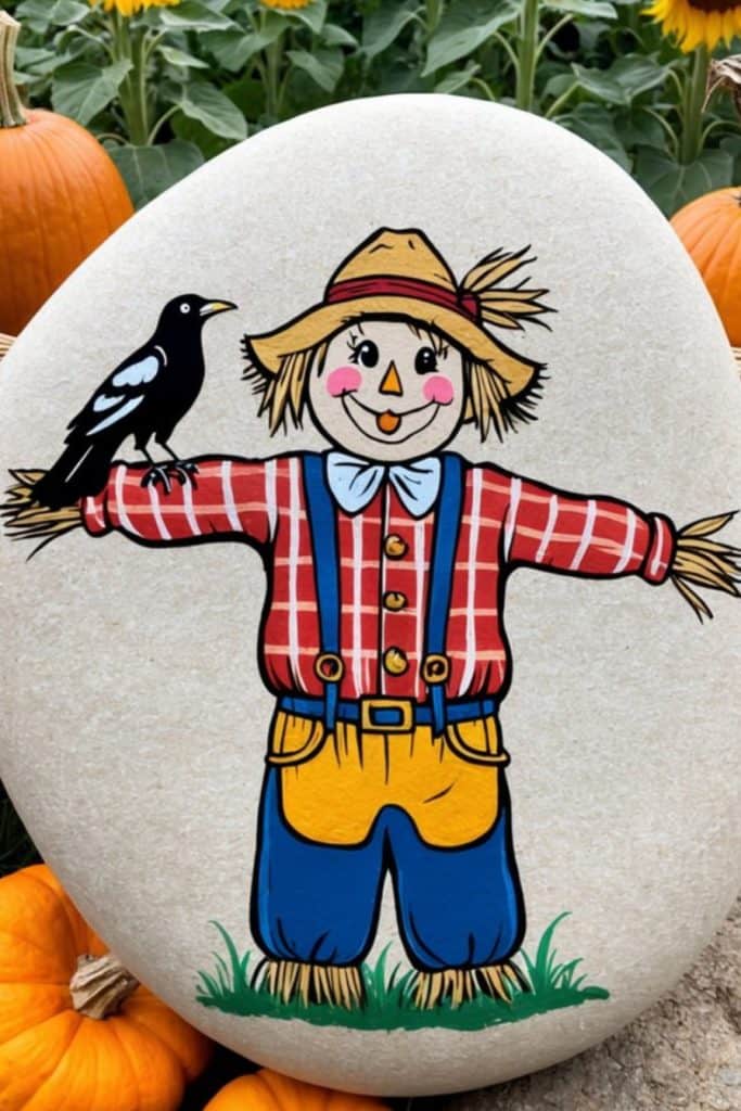 Cartoon scarecrow painted on a stone, wearing a red plaid shirt and blue overalls, with a black bird perched on its arm. Surrounded by pumpkins and greenery.