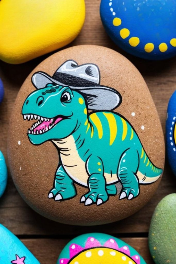 A painted rock features a cartoon dinosaur wearing a gray cowboy hat, surrounded by other brightly colored, decorated stones.