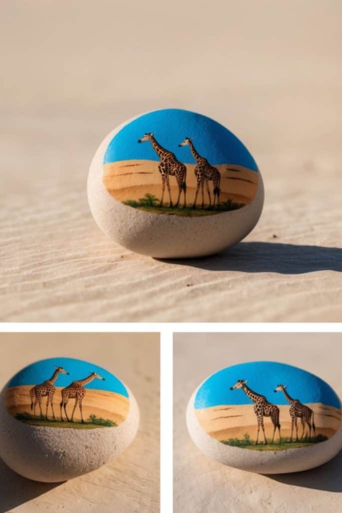 A smooth stone painted with two giraffes standing on grass in a desert landscape under a blue sky, shown from different angles.