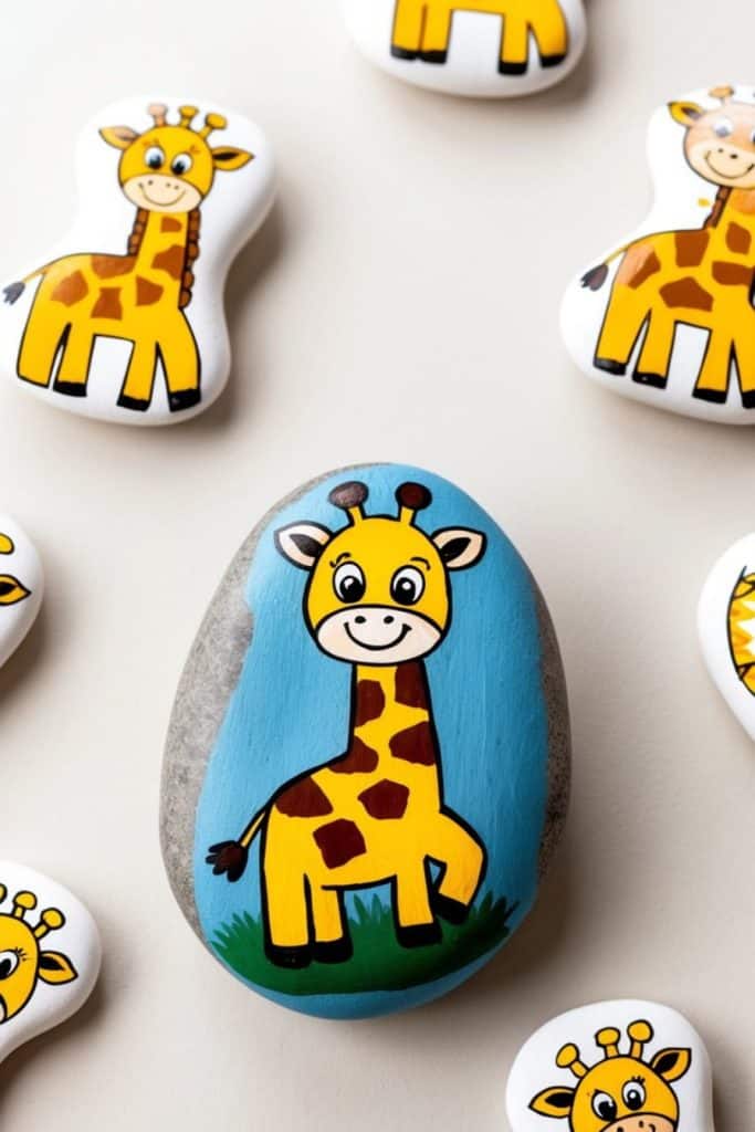 A gray stone painted with a cartoon giraffe on a blue background, surrounded by smaller stones also featuring cartoon giraffes on a light surface.