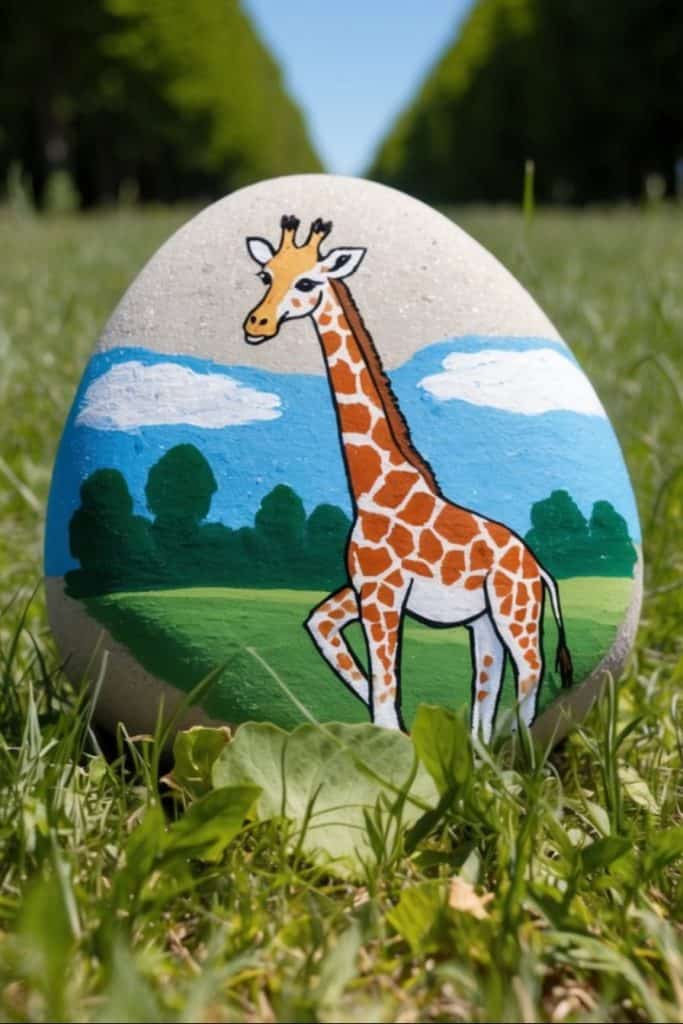 A painted rock featuring a cartoon giraffe standing in a grassy landscape with trees and clouds, placed on grass outdoors with a tree-lined path in the background.