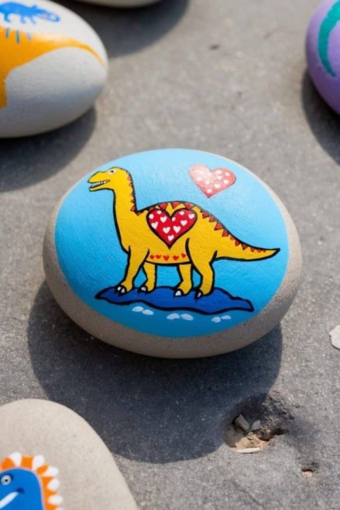 A painted rock features a yellow dinosaur with heart patterns on a blue background, surrounded by other decorated stones on a gray surface.