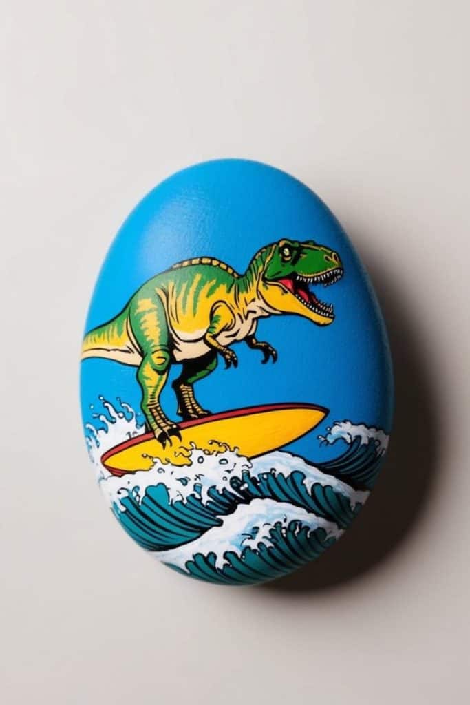 A blue egg features an illustration of a green T. rex surfing on a yellow surfboard over ocean waves.