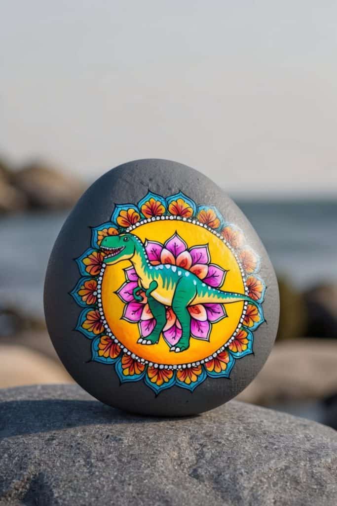 A painted rock featuring a colorful mandala design with a green dinosaur in the center, placed outdoors on a larger stone.