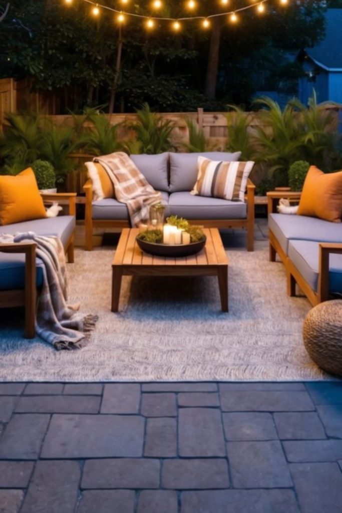 Outdoor patio with cushioned wooden furniture, throw blankets, a rug, potted plants, string lights overhead, and a table centerpiece with candles.