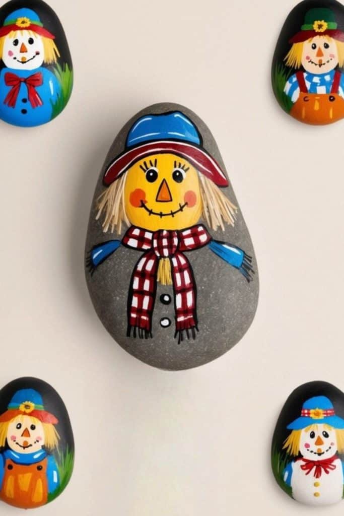 A central rock painted as a scarecrow with a blue hat and red scarf is surrounded by four smaller rocks, each painted as varied scarecrows with different colored clothing and accessories.