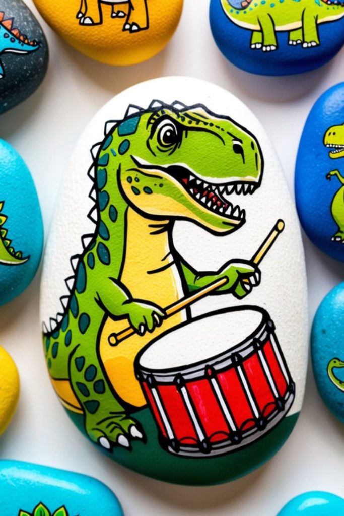 A painted rock features a cartoon dinosaur playing a red drum, surrounded by other colorful rocks with dinosaur illustrations.