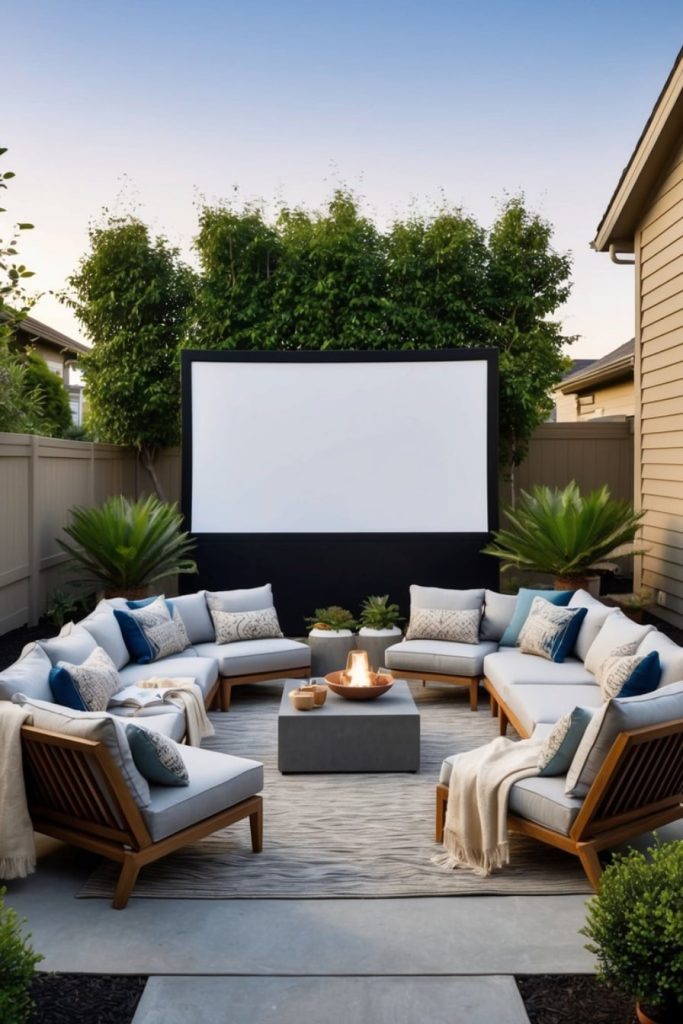 An outdoor patio features a curved sectional sofa with cushions and throws, centered around a fire pit, facing a large blank movie screen with greenery and houses in the background.