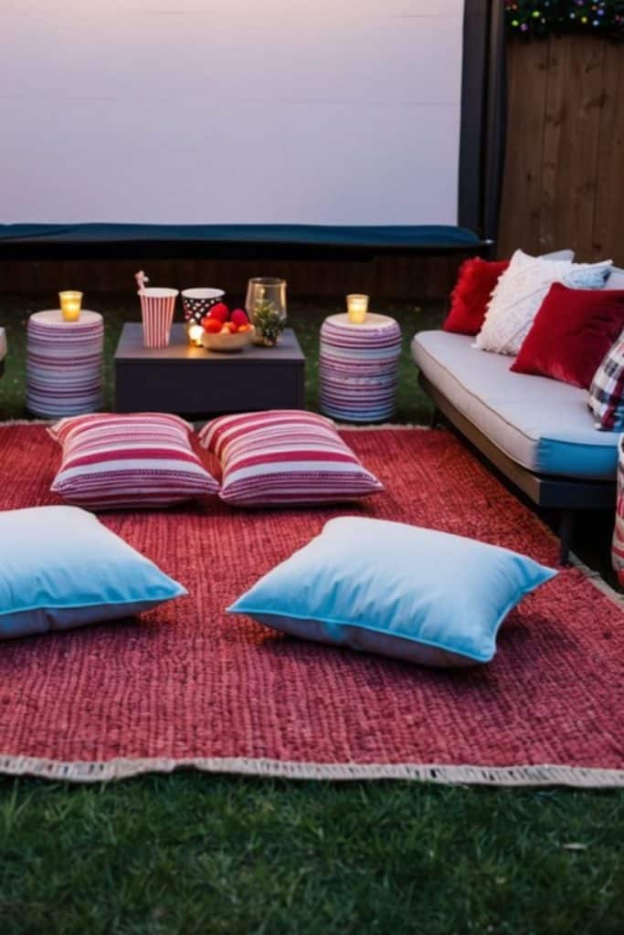 Outdoor seating area with a red rug, blue and red pillows, and side tables with candles and snacks. A couch is in the background against a wooden fence.