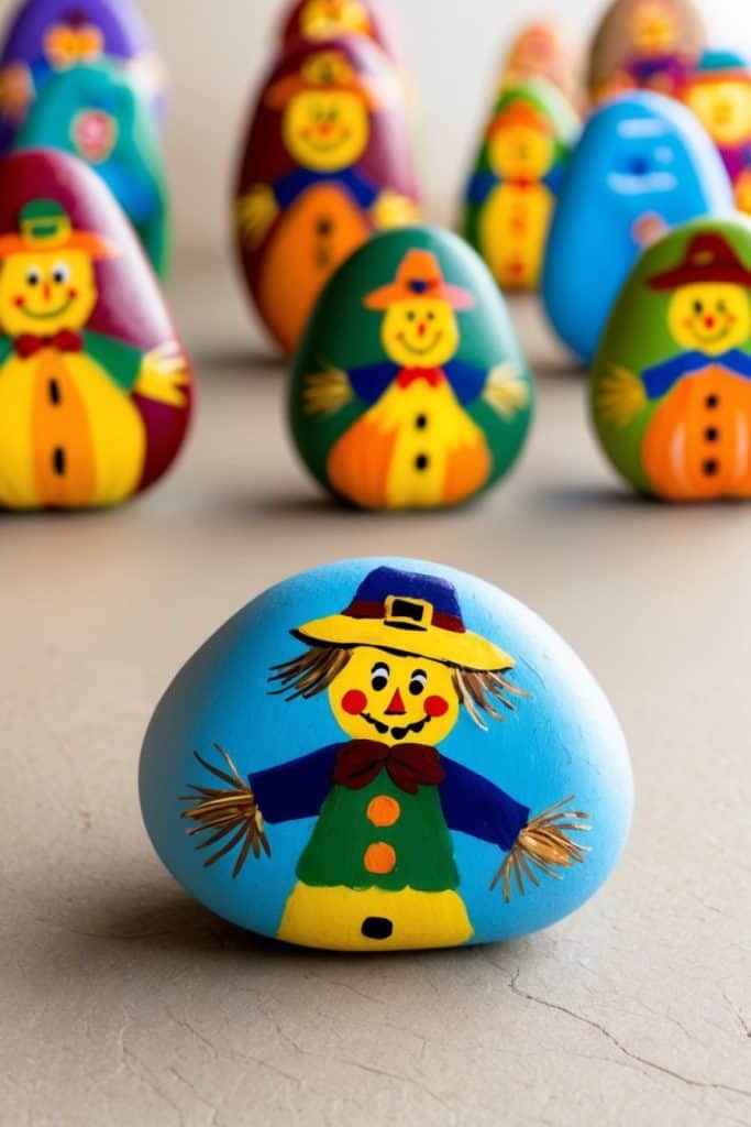 Colorful stones painted with scarecrow designs, including hats and smiles, are arranged on a neutral surface.