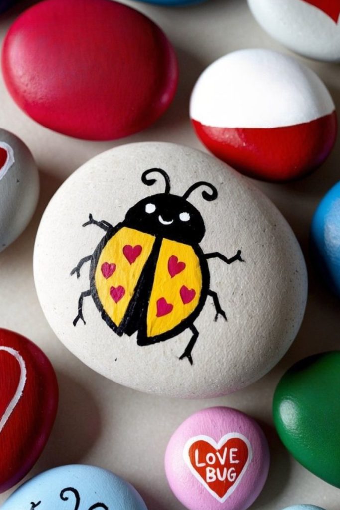 A white rock painted with a cartoon ladybug with hearts on its wings, surrounded by other colorful painted stones, one reading "LOVE BUG.