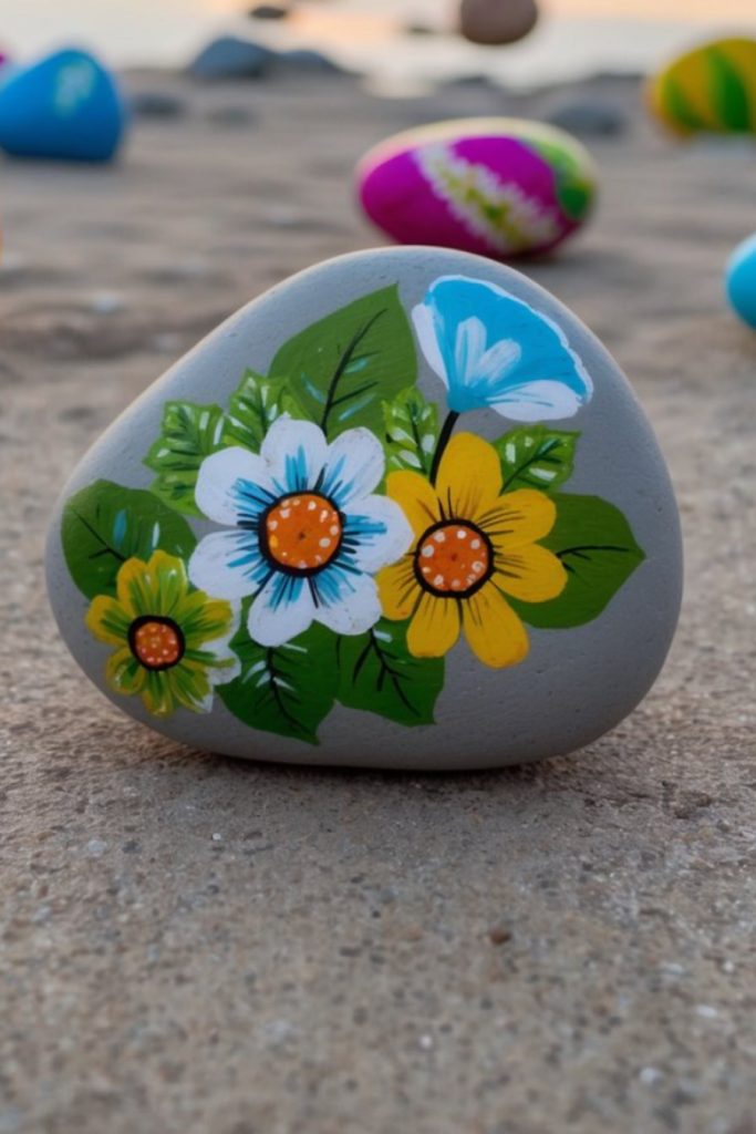 A smooth rock on sand is painted with colorful flowers and green leaves. Other painted rocks are visible in the blurred background.