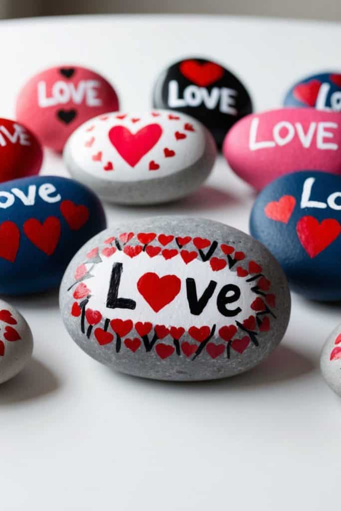 Several colorful stones are painted with hearts and the word "Love," displayed on a white surface.