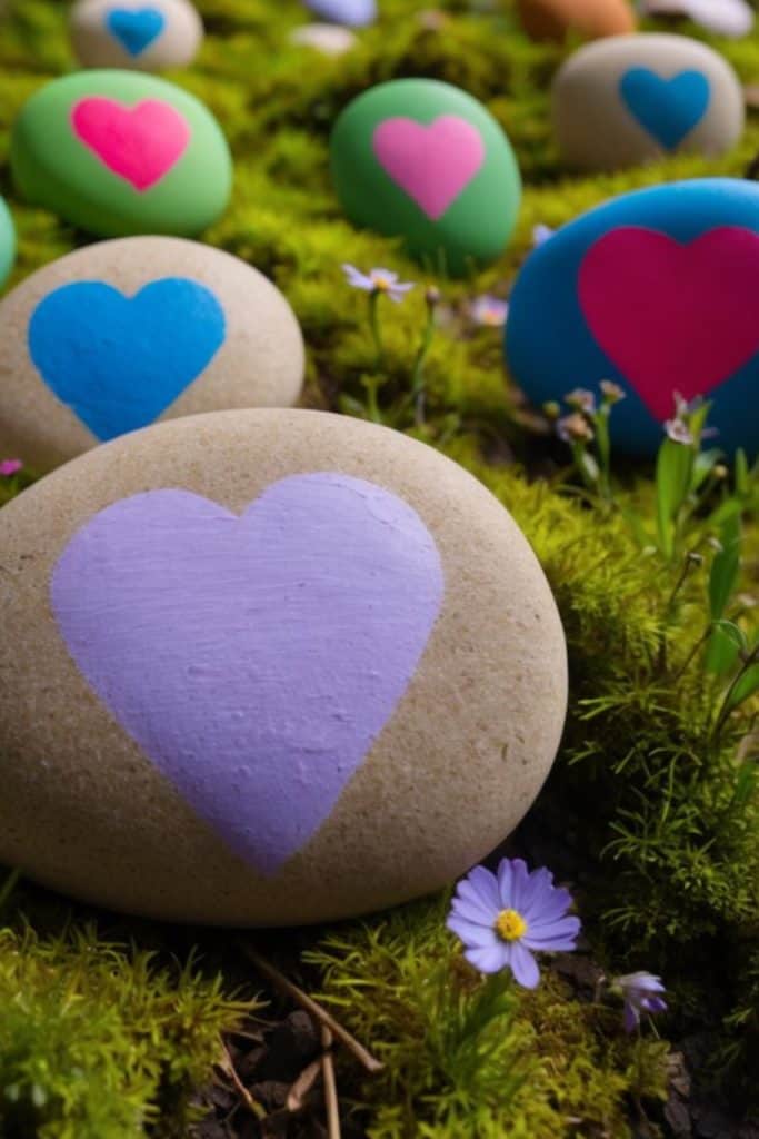 Smooth stones with colorful heart shapes painted on them are arranged on mossy ground with small purple flowers.