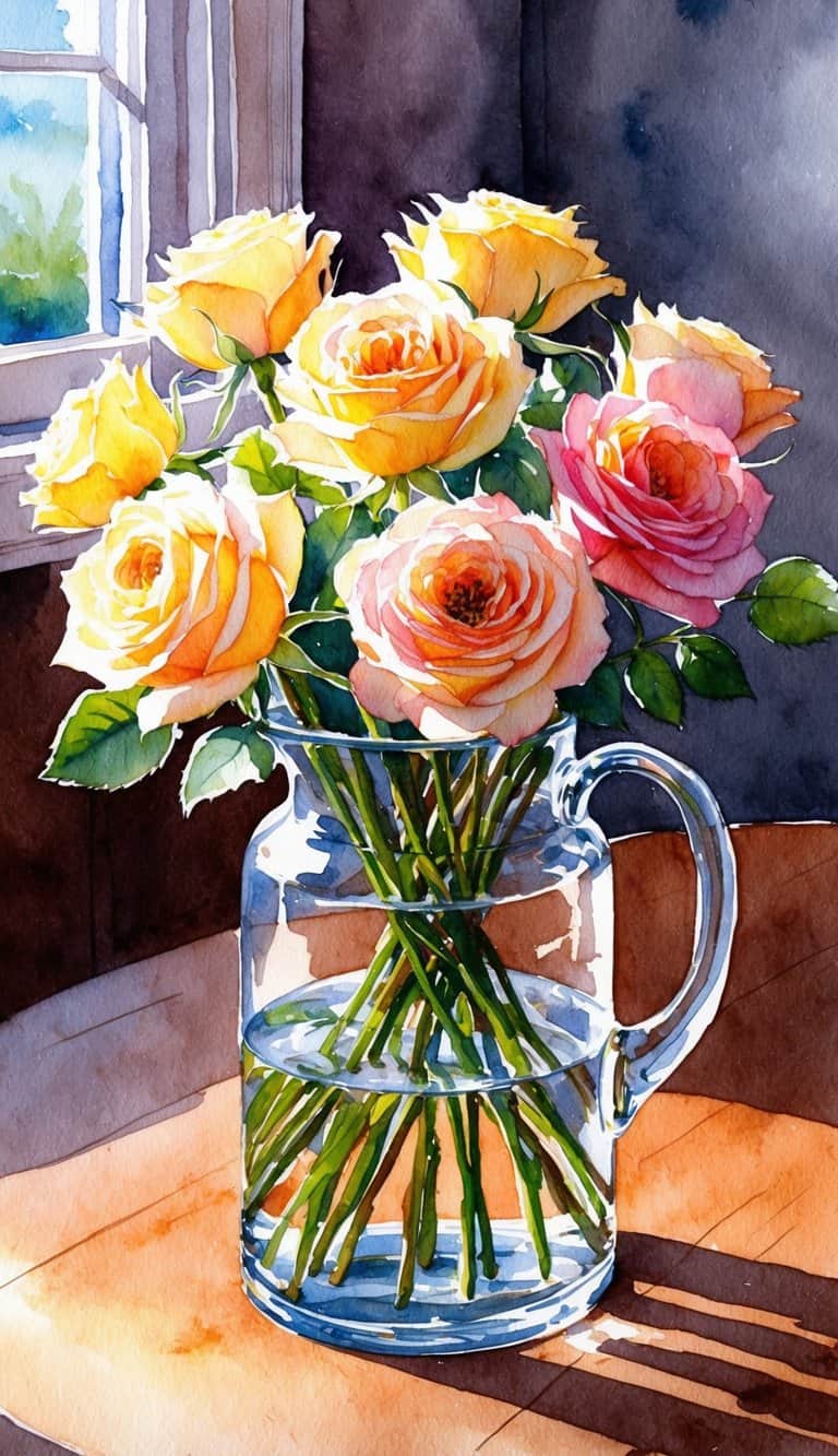 A bouquet of sunlit roses in a glass vase on a wooden table