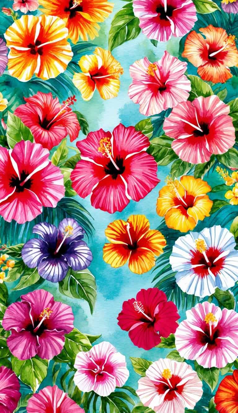 A vibrant tropical hibiscus garden with 50 different colorful flowers, perfect for iPhone wallpapers