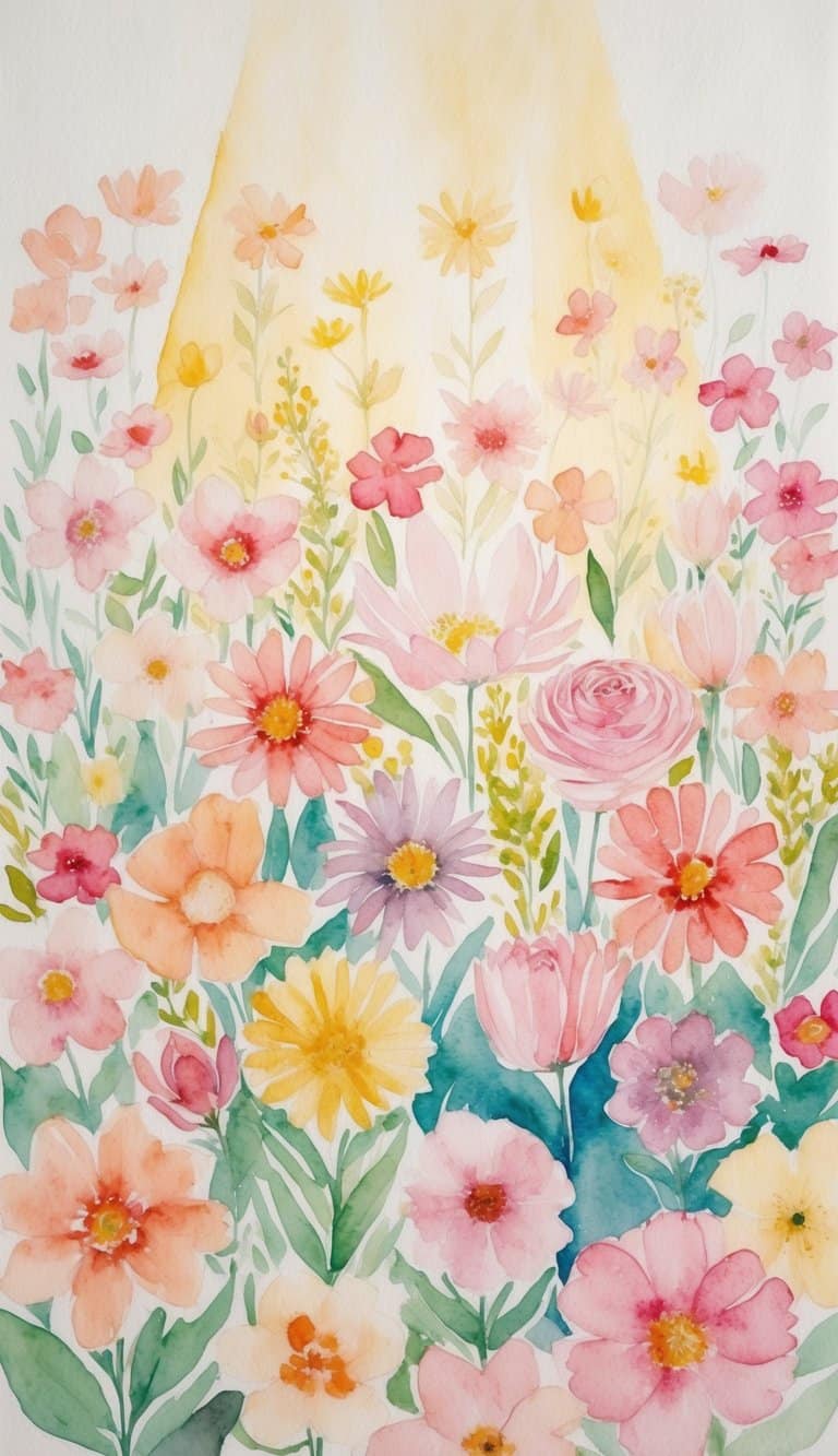 A variety of pastel-colored flowers arranged in a scattered pattern, with soft lighting creating a warm and inviting atmosphere