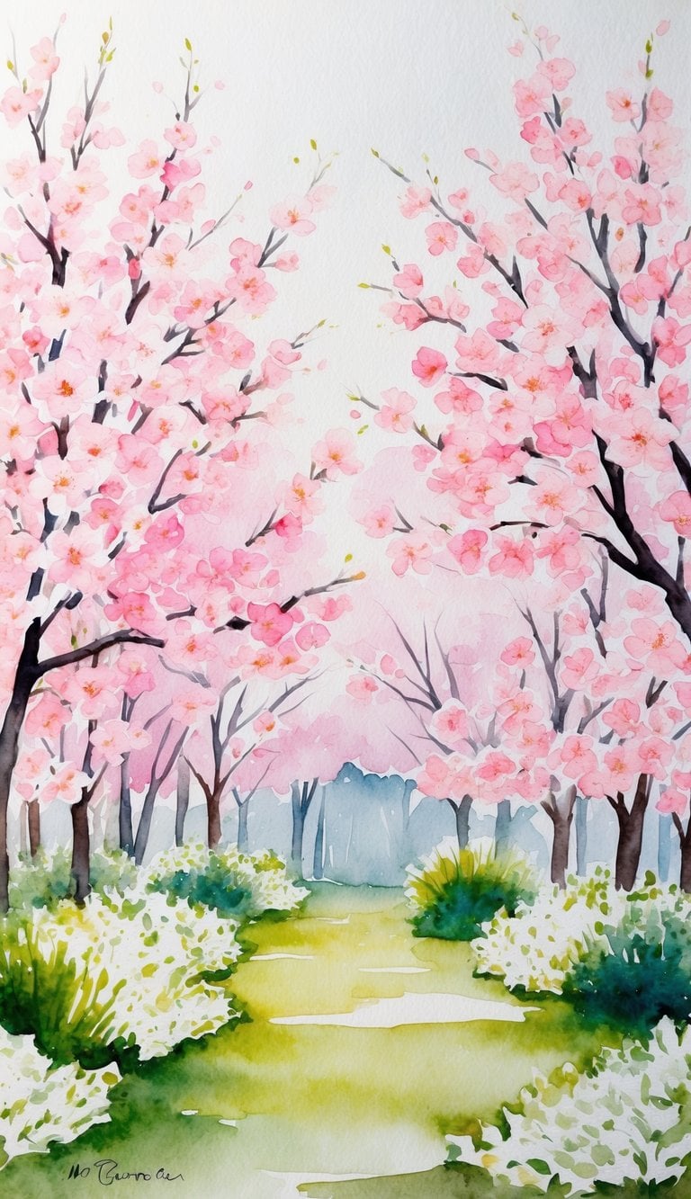 A serene garden with a profusion of pink and white sakura blossoms, creating a beautiful and tranquil atmosphere