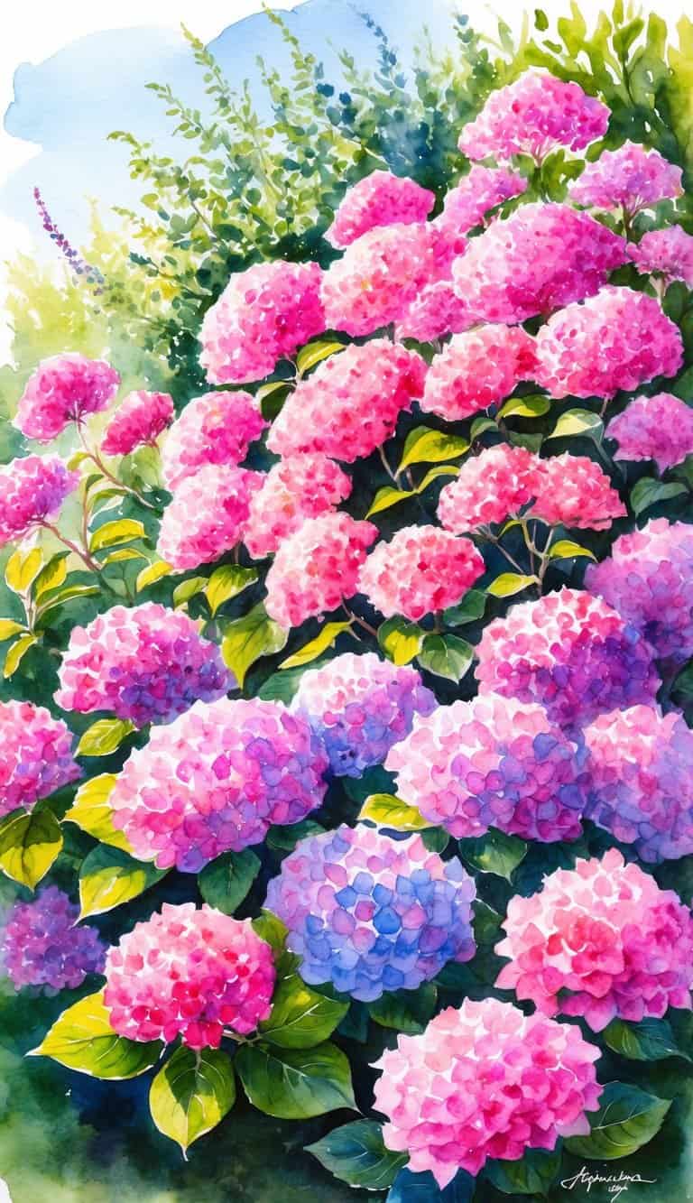 A lush, vibrant garden filled with pink hydrangea flowers in full bloom
