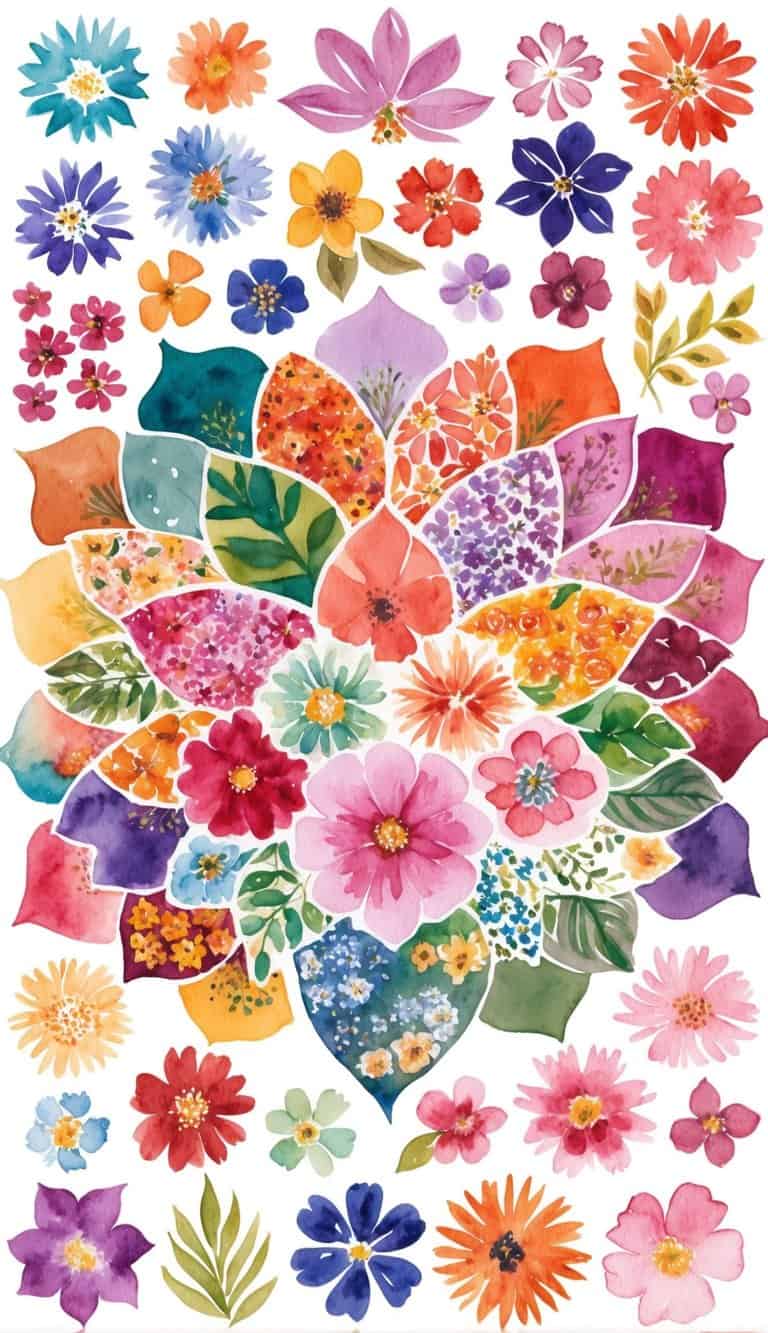 A vibrant array of 50 different floral patterns arranged in a petal-shaped palette