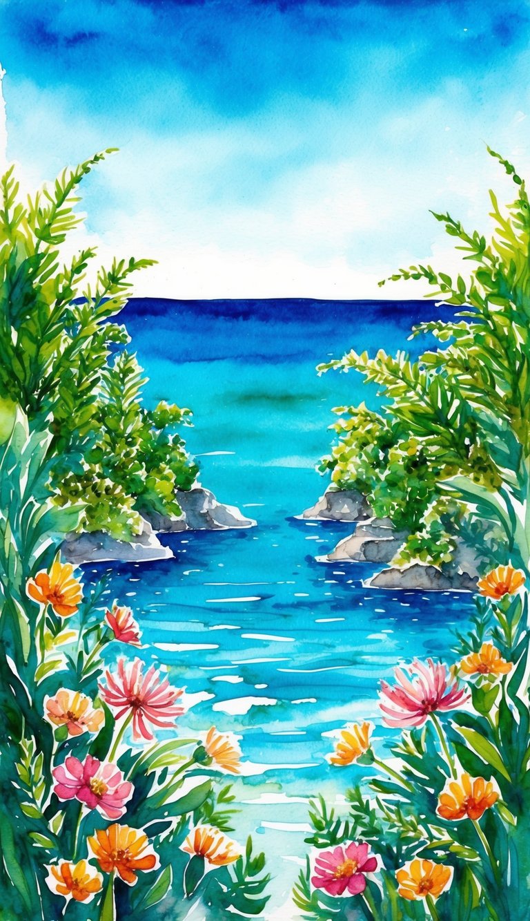 Vibrant flowers and lush greenery surround a crystal-clear turquoise ocean under a bright blue sky