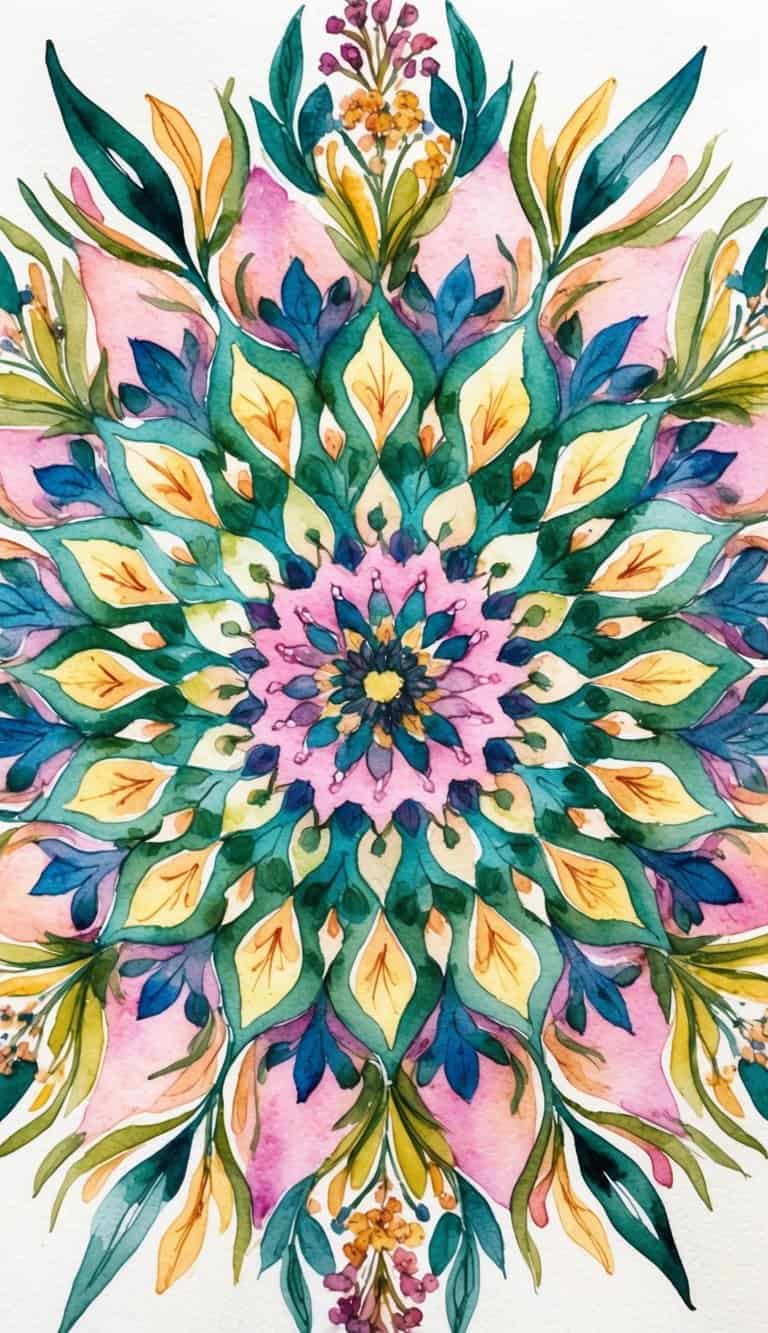 A vibrant mandala of intricate floral patterns arranged in a circular design, with delicate petals and leaves intertwining in a mesmerizing display of natural beauty