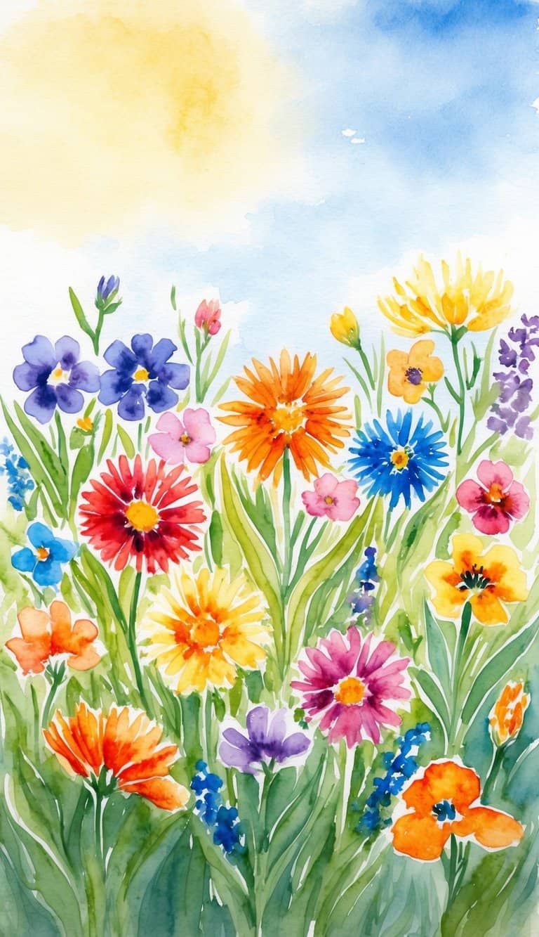 A field of colorful flowers blooming under the warm spring sun, with a clear blue sky in the background